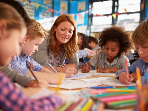 Group of elementary school kids having an art lesson with their teacher - Powered by Adobe