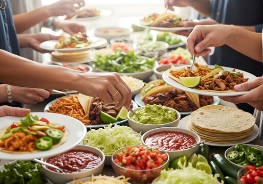 Friends enjoying a vibrant taco bar feast  delicious fillings, fresh toppings, and happy hands.