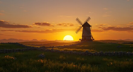 Majestic windmill stands silhouetted against a vibrant sunset over rolling hills and stone walls