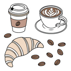 Breakfast set with coffee cup croissant and coffee beans