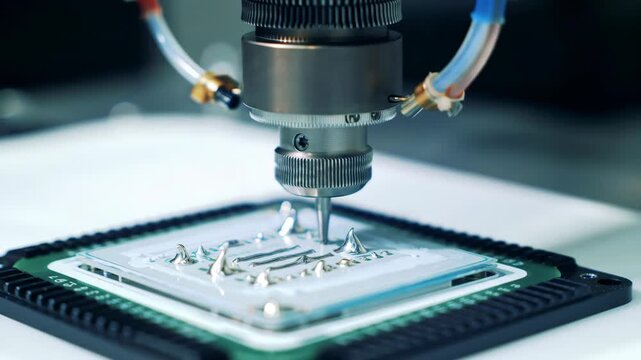 Automated machine assembles microelectronics components on circuit board