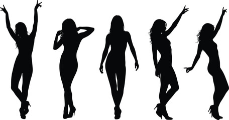 Female silhouette poses, high heels, expressive body language, walking, dancing, fashion vector art, attitude, movement, lifestyle, stylish stance