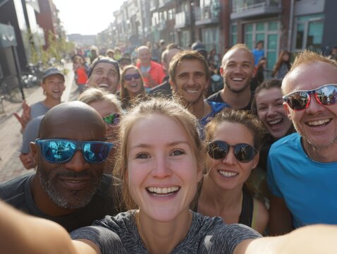 Group of runners taking a cheerful selfie after community run