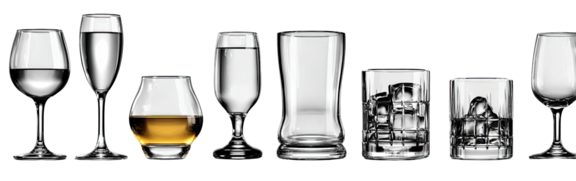 Various drinking glasses, showcasing different shapes and sizes for various beverages
