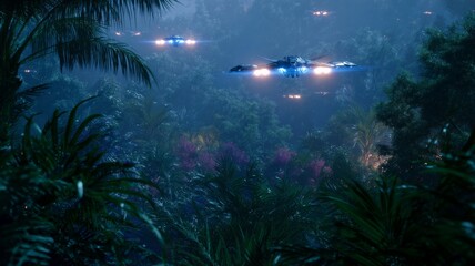 Sci-fi aircraft soaring through lush forest. Neural network AI generated