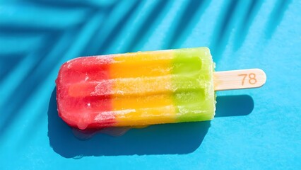 Colorful striped popsicle on a bright blue background with shadow patterns
