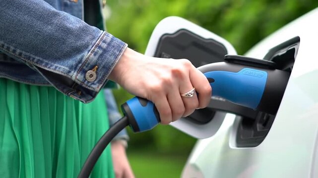 Woman Plugging Blue Charging Cable Into White Electric Vehicle in Daytime