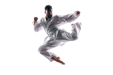 A man in a white karate uniform is jumping in the air