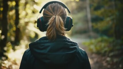 Woman Wearing Headphones Walking on Forest Path in Sunlight from Behind View