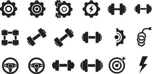 Gear, dumbbell, steering wheel, target, lightning bolt icons, black vector set, grid layout, fitness, mechanics, energy, UI design