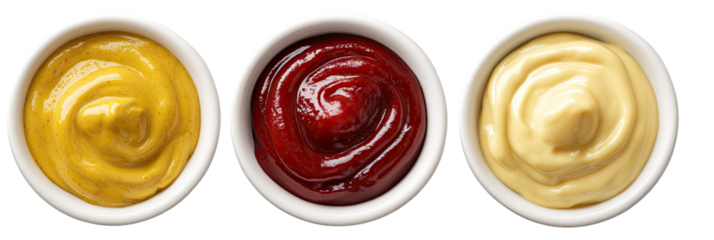 Three small white bowls, each filled with a different condiment