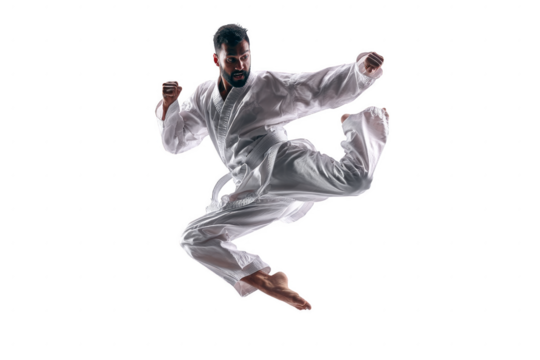 A man in a white karate uniform is jumping in the air