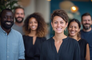 Obraz premium A group of people of diverse ethnicities with smiling faces in a company, suitable for themes of corporate multiculturalism, team collaboration concepts, and multinational company recruitment.