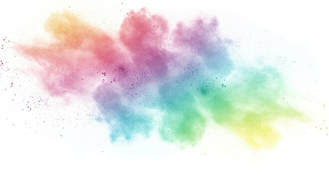 Colorful powder explosion against white background.  A vibrant mix of pastel rainbow colors.  Particles are dispersed in a dynamic, cloud-like formation