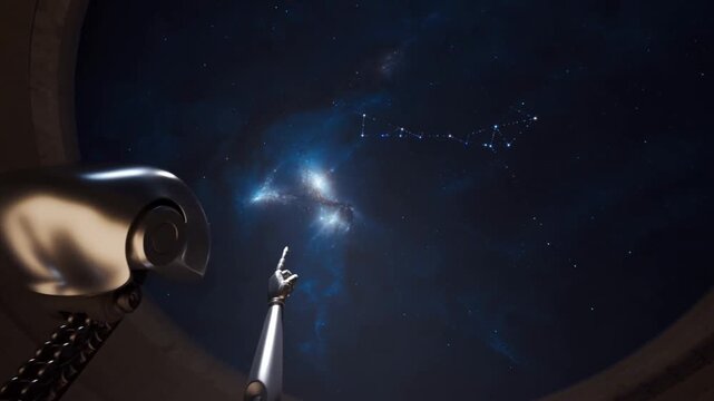 Humanoid robot pointing at starry constellation through observatory window, representing advanced technological progress in space exploration and artificial intelligence research