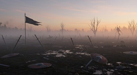 Eerie battlefield strewn with swords, shields, and tattered flags under a misty dawn sky