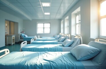 Row of empty hospital beds with clean blue linens in bright modern facility. Bed features adjustable steel frames, safety rails, comfortable pillows, ready for patients. Sunlight streams through