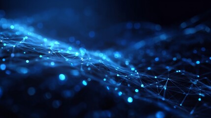 Blue geometric abstract technology background with glowing digital shapes, futuristic circuit lines, modern data network connections, innovation concept design for artificial intelligence and communic