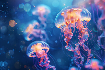Bioluminescent Jellyfish Drifting in Vibrant Underwater Scene with Glowing Tentacles and Colorful Light Effects
