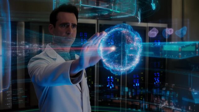 Innovative scientist interacts with holographic sphere, exploring data visualization and advanced technology in a futuristic laboratory setting - Powered by Adobe