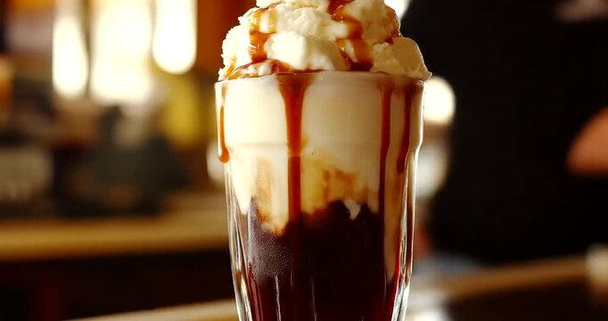 A classic root beer float with vanilla ice cream, whipped cream, and caramel topping