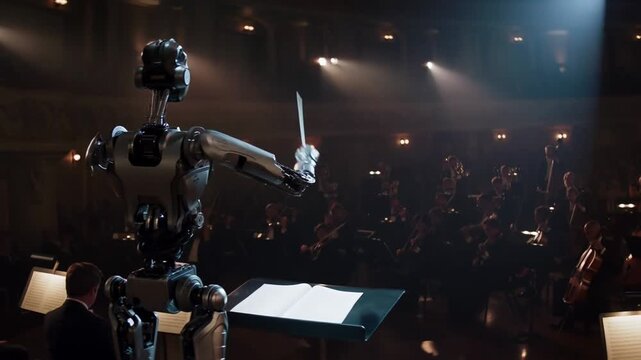 Advanced humanoid robot conducts a symphony orchestra in a grand theater, showcasing the future of artistic expression and technological advancement