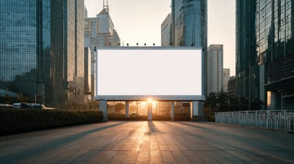 Fototapeta premium Empty urban street at sunset with tall modern glass buildings reflecting sunlight and a large blank billboard spanning across the road