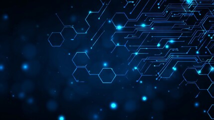 Abstract blue technology background with glowing digital circuit lines and hexagonal shapes, futuristic high-tech vector design for innovation, data communication, and modern network concept