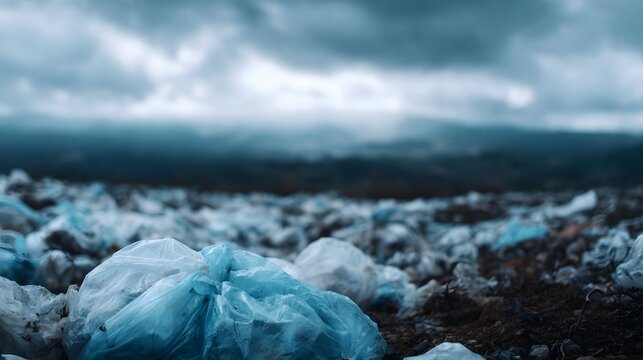 A landfill filled with discarded plastic bags under an ominous overcast sky  long title A vast landfill site covered in a multitude of discarded