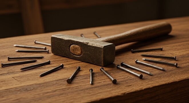 A dark-gray metal hammer rests on a wooden workbench, surrounded by numerous nails arranged in a circle