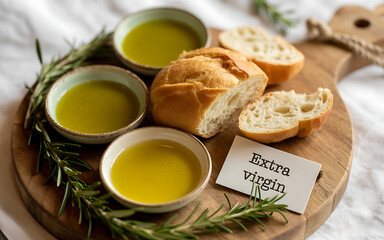 Artisanal bread and olive oil tasting platter with fresh rosemary garnish