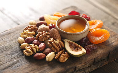 Healthy assortment of nuts dried fruits and honey on a rustic wooden surface