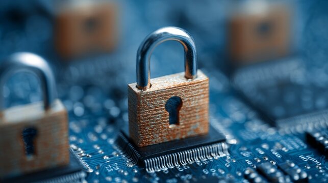 Cybersecurity concept with digital padlocks on blue integrated circuit board representing data protection, privacy, and secure information technology