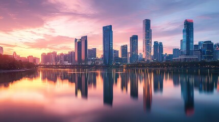 Golden Hour City Skyline with River Reflections: Modern Metropolis Sunset for Commercial Travel and Tourism Stock