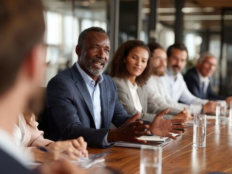 Manager leading business meeting with diverse team at large conference table