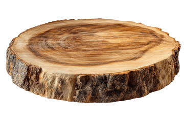 Circular wooden slab, likely a tree trunk slice, with natural wood grain.  Natural light highlights the wood's texture.  Isolated on black background