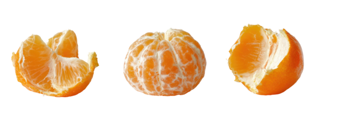 Three peeled segments of a citrus fruit, likely mandarin oranges, displayed against a black background. 
