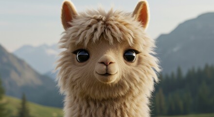 Fototapeta premium Close-up of a fluffy, light beige alpaca with large, dark eyes, a sweet expression, and slightly disheveled fur, set against a blurred backdrop of verdant hills and mountains under a soft, bright sky
