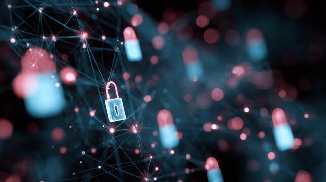 Cybersecurity concept with digital padlocks and futuristic network protection on a glowing blue circuit board representing secure information technology, data privacy, and advanced web services for bu