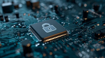 Cybersecurity service concept with motherboard and digital network security, illustrating data protection, safe authentication, and secure technology infrastructure