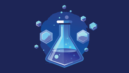 A laboratory flask with chemical symbols and equations, illustrating key concepts in chemistry..eps