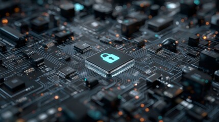 Cybersecurity service concept with motherboard and digital network security, illustrating data protection, safe authentication, and secure technology infrastructure