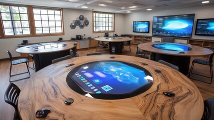 An interior shows a modern meeting space with interactive tables, large screens displaying data, & minimalist furniture. Wooden tables, windows, and neutral colors - Powered by Adobe