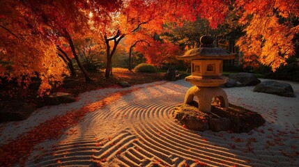 見事な紅葉と石灯篭、美しい日本の秋の庭園