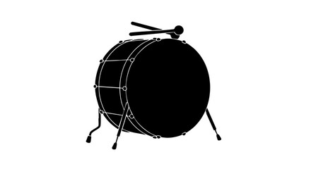 A black drum with two drumsticks on a stand