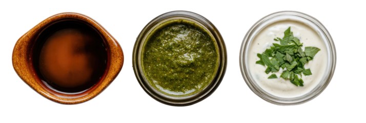 Three small bowls of sauces, likely dips.  One dark brown, one green, and one light beige