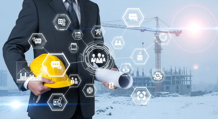 Construction engineer architect building site management project planning safety helmet and blueprint design