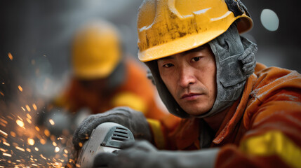 Industrial worker safety helmet protective gear sparks focused construction site metal grinding Asian male orange uniform intense