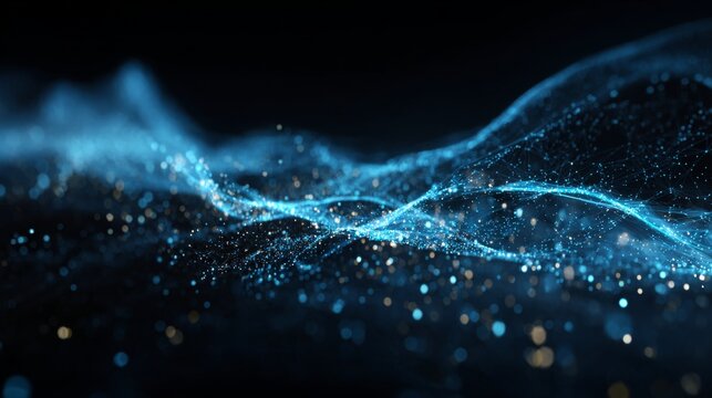 Abstract digital technology background with glowing circuit lines, neural network connections, particle flow, and futuristic data communication design for artificial intelligence, innovation, and mode