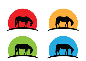 Horse Grazing in the Sunset Silhouette Different Colors. Domestic animals and wildlife nature vector art
